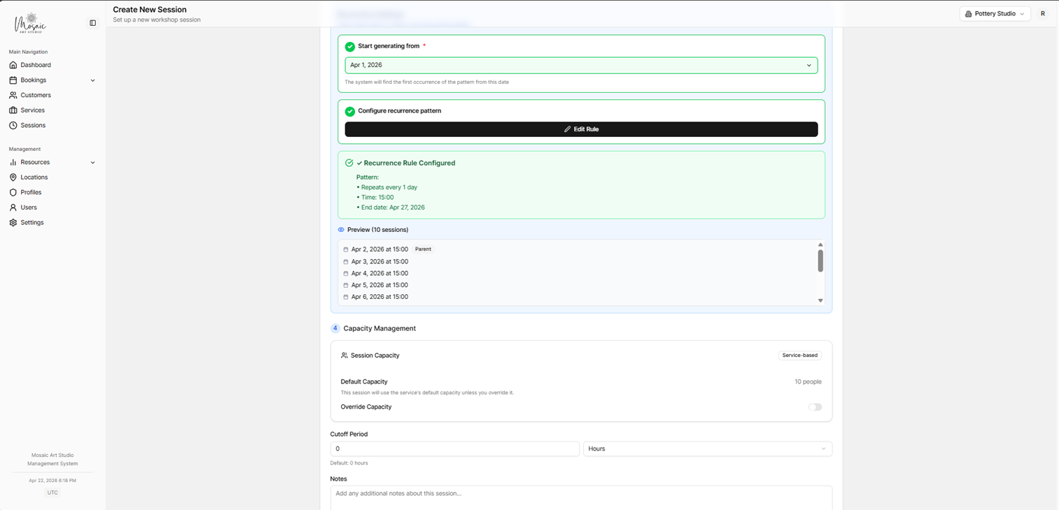 Session creation form - additional options and configuration